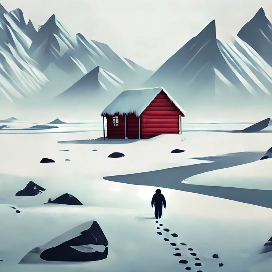 fragment okładki książki Jędrzeja Józefowicza: czerwony domek wśród zaśnieżonych gór, w jego stronę kieruje się postać pozostawiająca kroki.