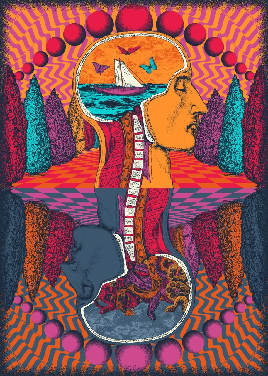 Surrealistyczna, intensywnie kolorowa ilustracja przedstawiająca przekrój ludzkiej głowy i szyi widziany z profilu. Wewnątrz czaszki zamiast mózgu znajduje się morski krajobraz z żaglówką na falach oraz unoszącymi się motylami. W dolnej części przekroju widoczne są fantazyjne, organiczne kształty przypominające korzenie lub macki. Tło tworzy symetryczna kompozycja z geometryczną szachownicą, rzędami stylizowanych drzew oraz falującymi wzorami w odcieniach różu, pomarańczu, fioletu i turkusu. Całość utrzymana jest w psychodelicznej estetyce, nawiązującej do wyobraźni, snów i wnętrza ludzkiego umysłu.