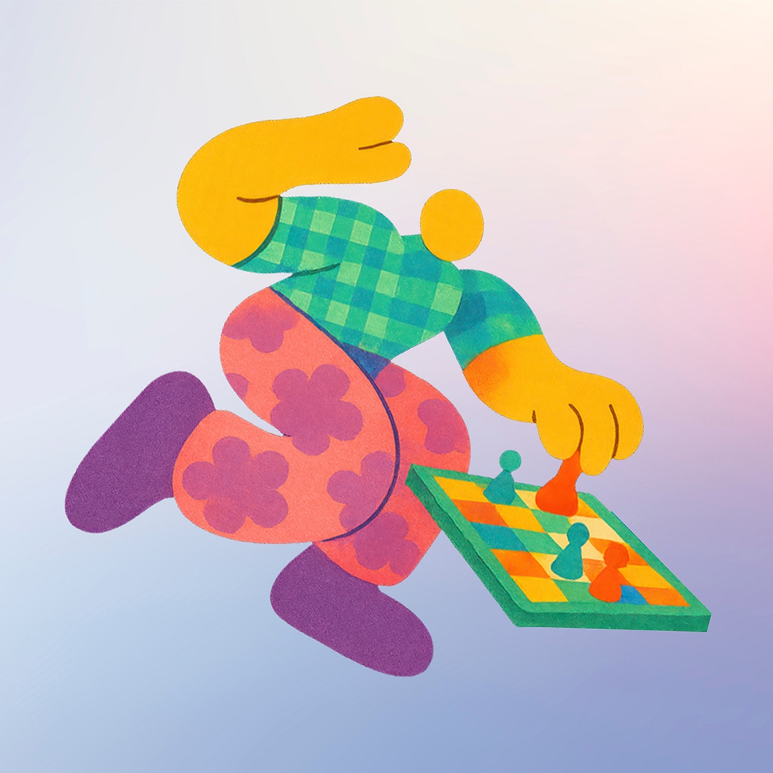 graficzna, kolorowa postać przy planszy z pionkami