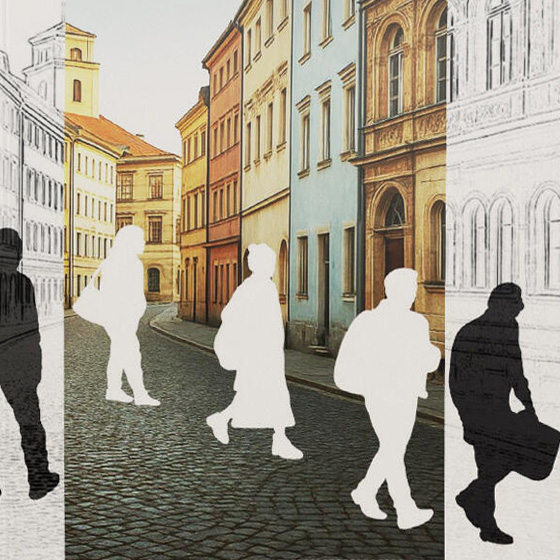 fragment okładki książki, czarne i białe sylwetki emigrantów idą przez miasto.