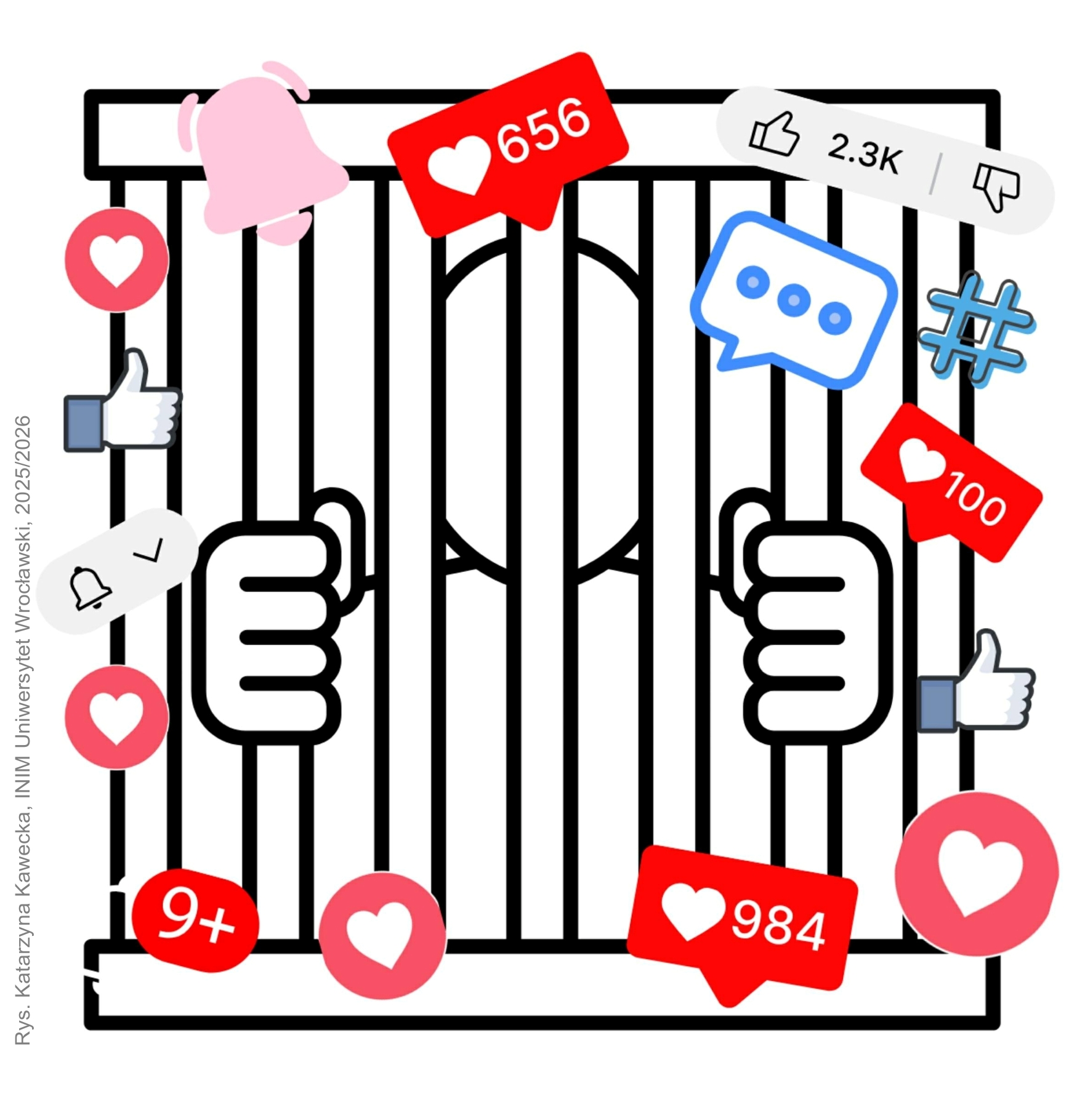 schematyczny rysunek zamkniętego za kratami człowieka, dookoła ikony kojarzone z social mediami