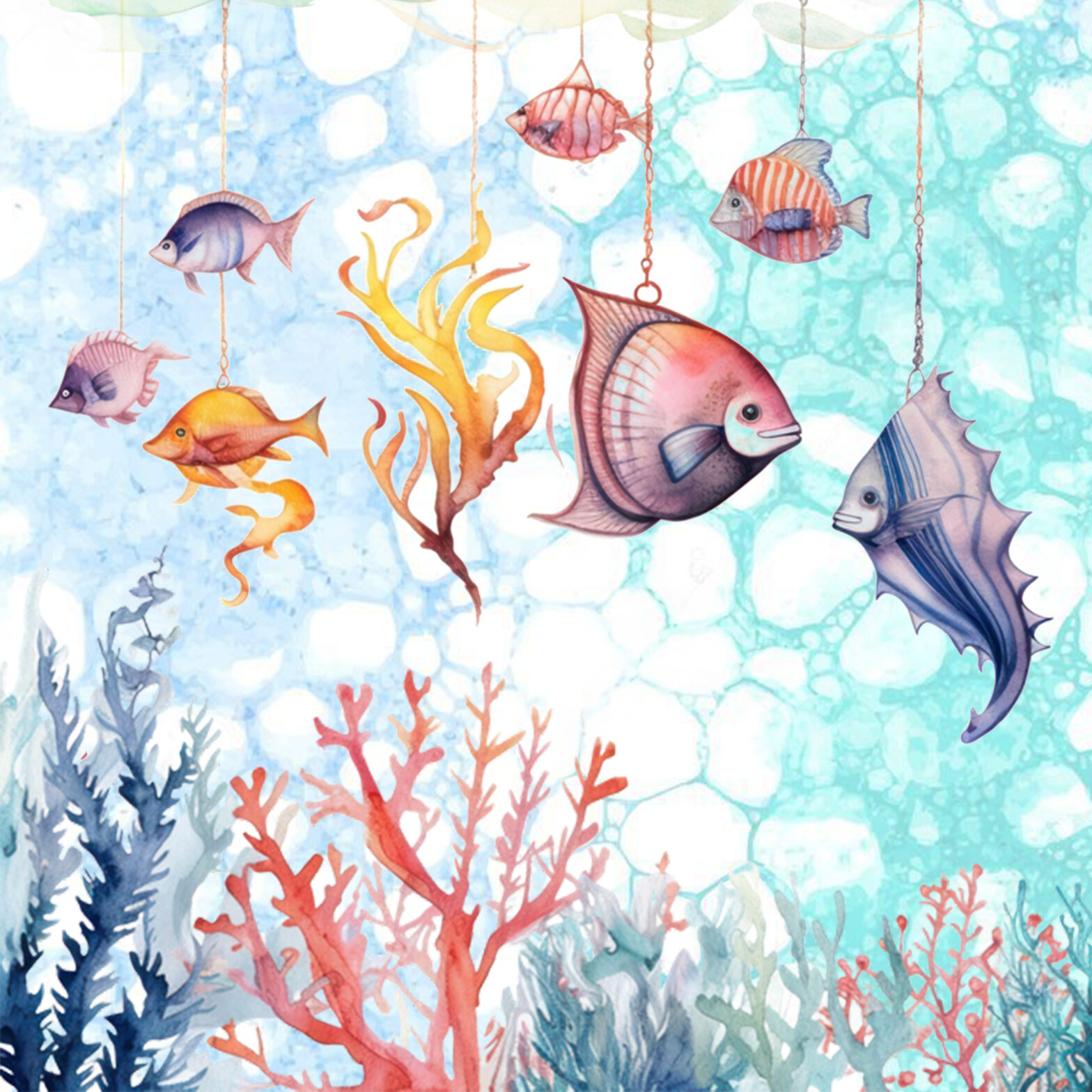 Akwarelowa ilustracja podwodnego świata: kolorowe ryby unoszą się na tle turkusowo-błękitnych baniek. W dolnej części widać koralowce i wodorosty w odcieniach czerwieni, pomarańczy i granatu. Całość ma lekki, bajkowy charakter.
