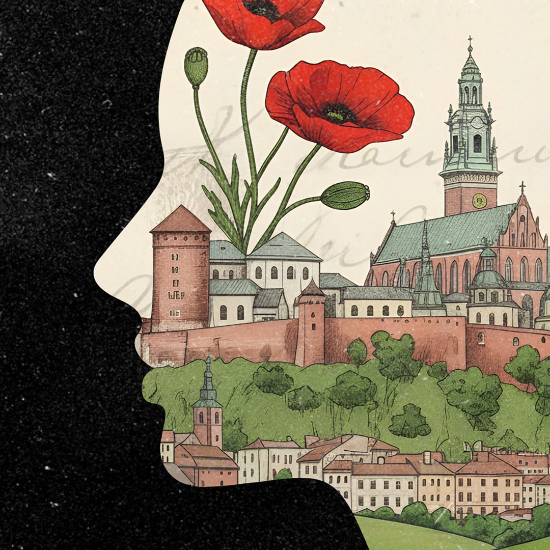 profil twarzy graficzny, w konturze znajdują się maki oraz widok Wawelu