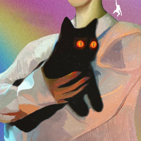 fragment okładki książki z wydania w j. angielskim, człowiek trzyma czarnego kota ze świecącymi oczami.