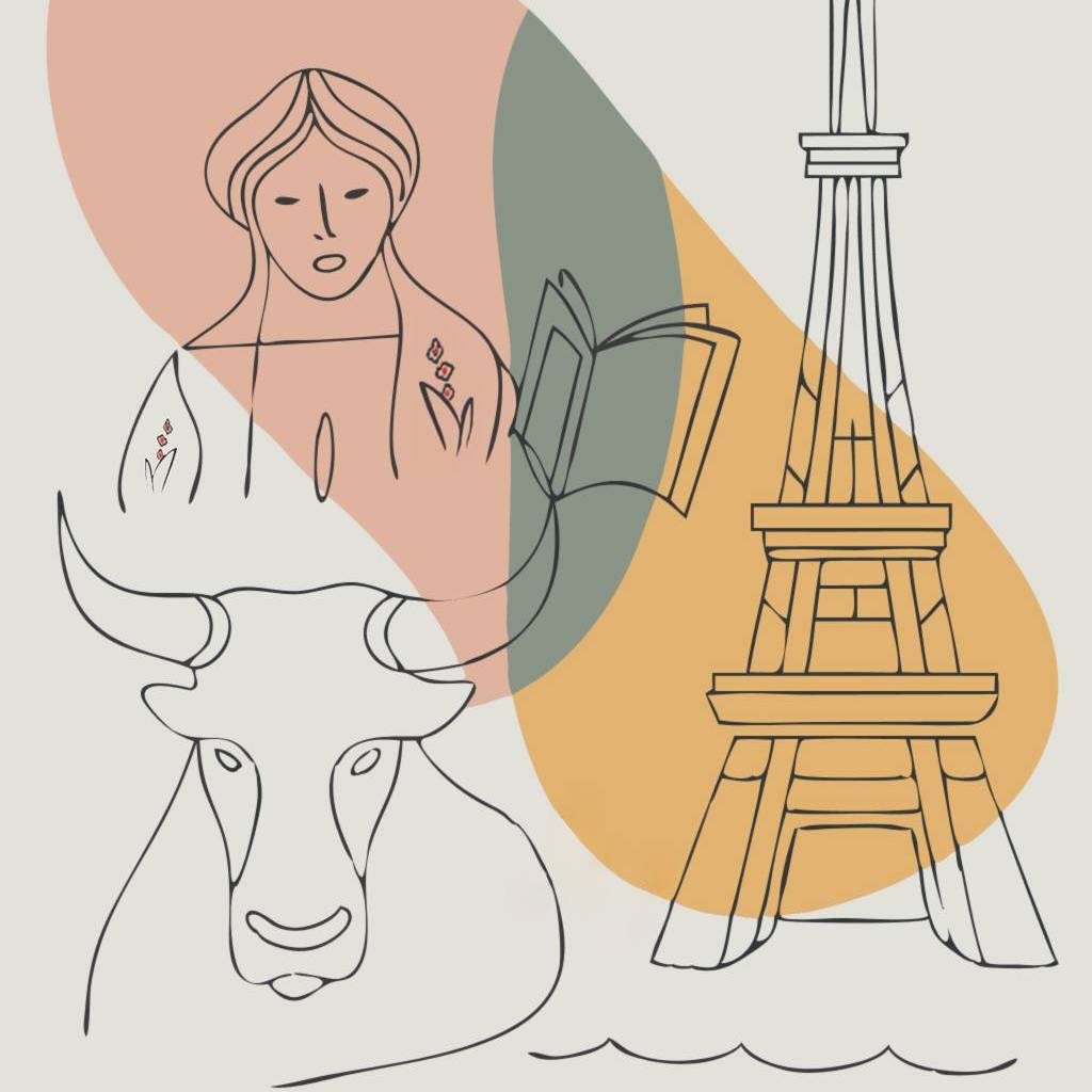 graficzne przedstawienie: byka, wieży Eifla i kobiety