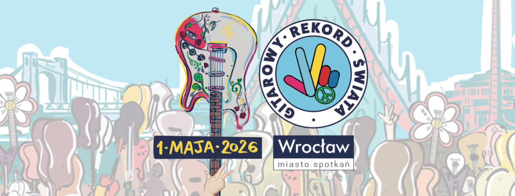 gitara odwrócona i logo Gitarowego Bicia Rekordu Guinessa