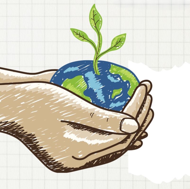 rysunkowe dłonie trzymają planetę ziemię, z której kiełkuje roślinka