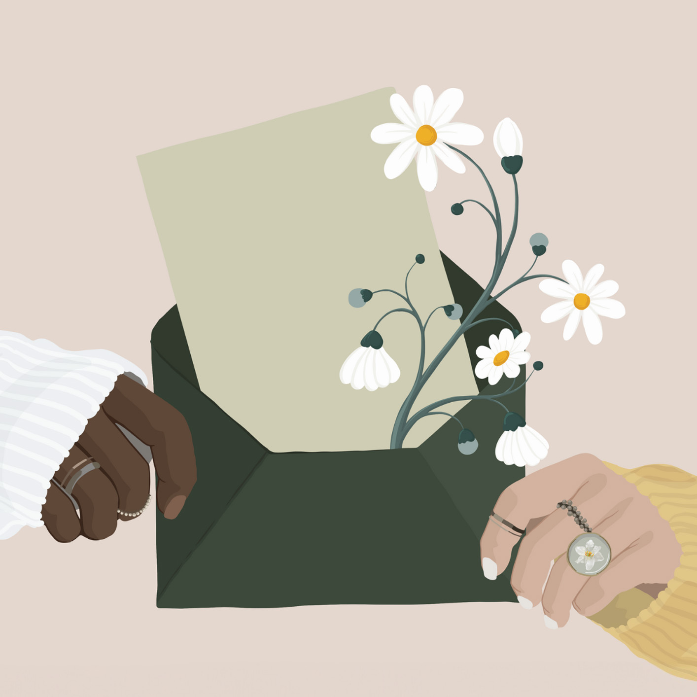 dwie kobiece dłonie podają sobie list, w środku gałązka kwiatów.