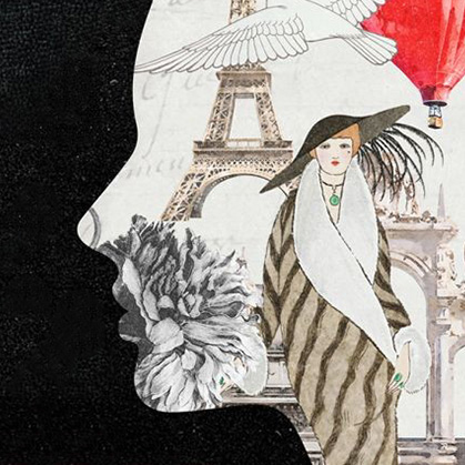 profil twarzy, w nim ujęte symbole związane z Francją