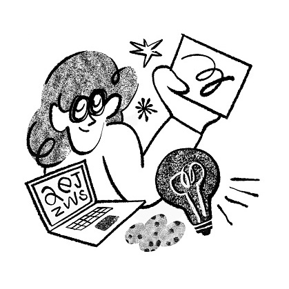 grafika przedstawia rysunek odręczny czarną kredką: osoba w okularach trzyma kartkę papieru, obok jest komputer i żarówka,