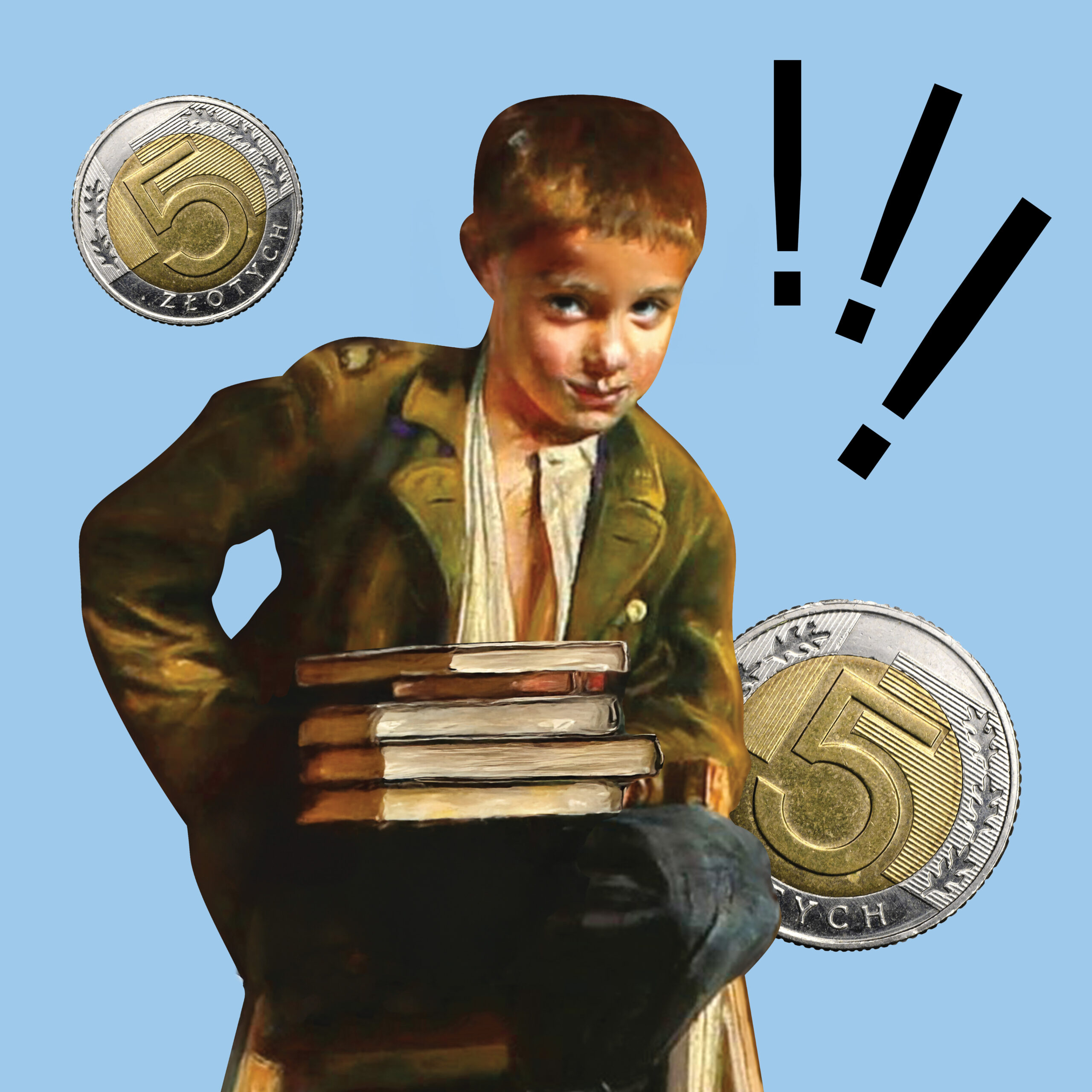 Ilustracja przedstawiająca postać w stylu malarskim ubraną w zielony płaszcz, trzymającą stos książek. Wokół znajdują się duże monety pięciozłotowe oraz trzy czarne wykrzykniki na jasnoniebieskim tle.