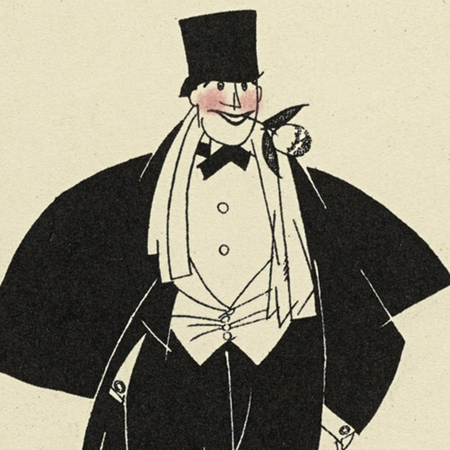 rysunek, postać dżentelmena w cylindrze i czarnym fraku, w ustach trzyma różę