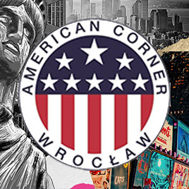 Logo American Corner na kolorowym tle