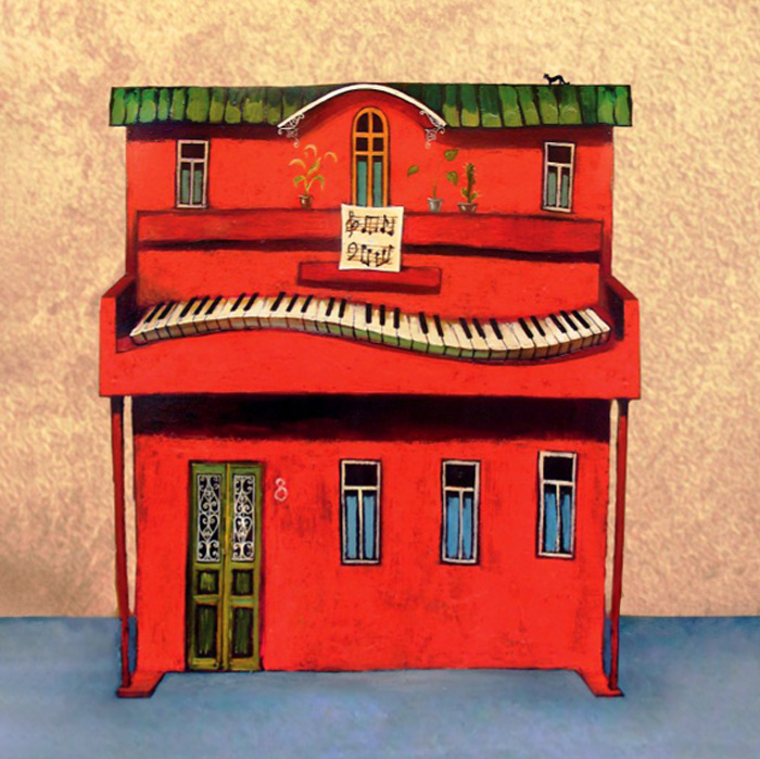 fragment okładki książki "Brzmienia Wroclawia Rozmowy W Wielu Tonacjach", czerwona kamieniczka stylizowana na pianino