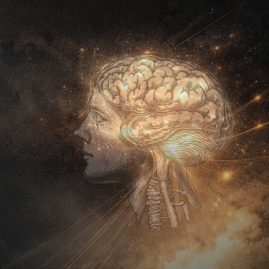 Ilustracja przedstawiająca szczegółowy, rysunkowy przekrój ludzkiego mózgu na tle gwiaździstej, kosmicznej przestrzeni z jasnymi punktami światła i rozproszonymi smugami.