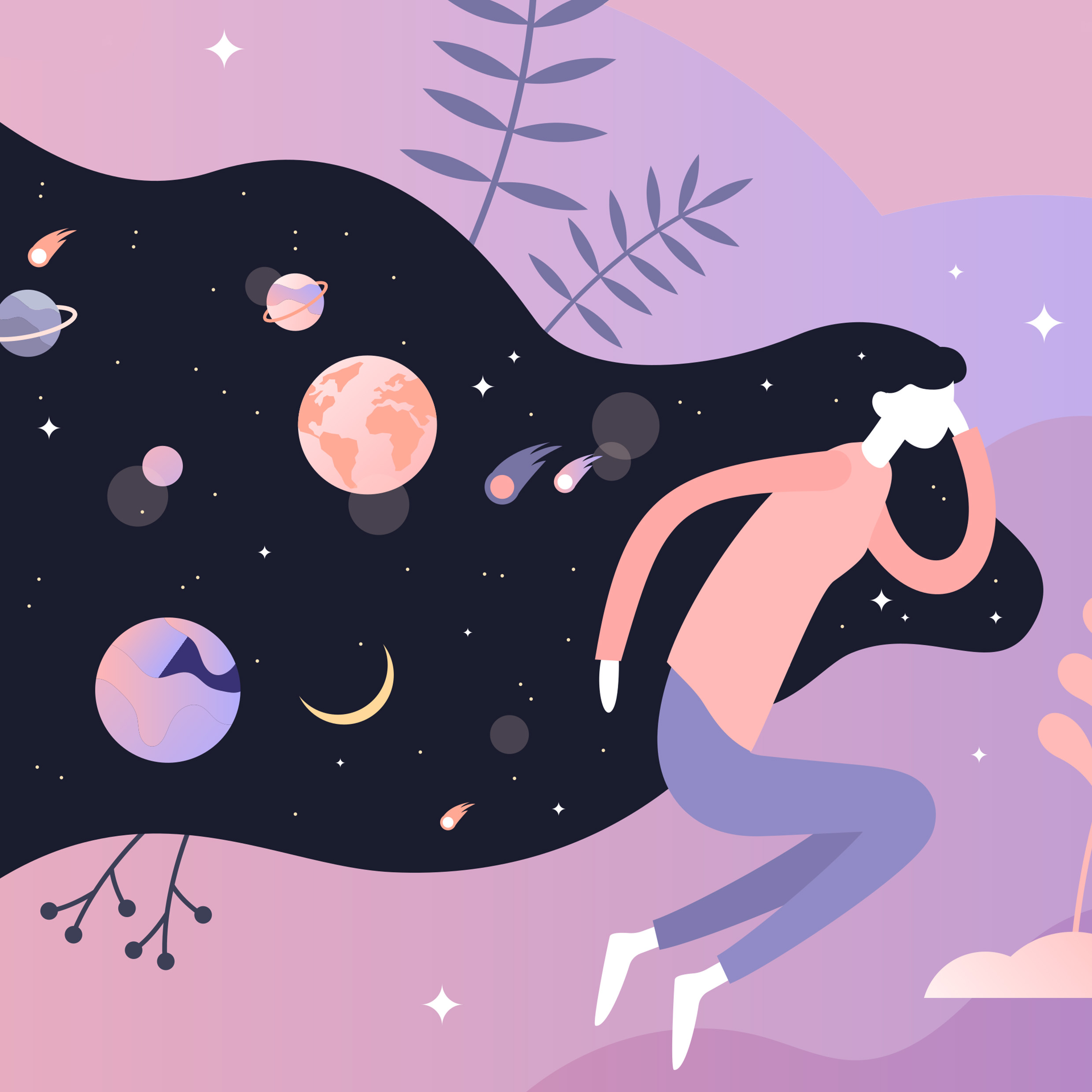 Ilustracja przedstawiająca osobę w pastelowych barwach, unoszącą się w przestrzeni na tle abstrakcyjnego krajobrazu. Z głowy postaci wypływa czarna, falująca przestrzeń przypominająca kosmos, wypełniona planetami, gwiazdami, kometami i drobnymi świetlnymi punktami. Kolorystyka grafiki jest utrzymana w różach, fioletach i błękitach, co nadaje jej marzycielski i surrealistyczny charakter.