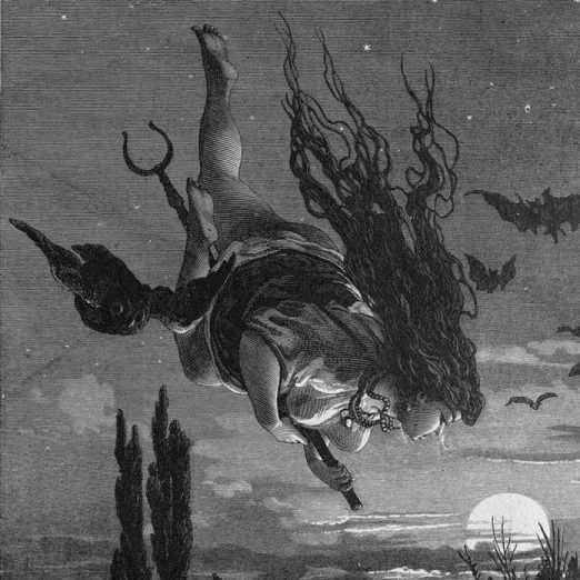 Wiedźma w 19-wiecznej ilustracji rosyjskiej, leci na miotle w dół, dookoła nietoperze, w dolnym prawym rogu zachodzące słońce