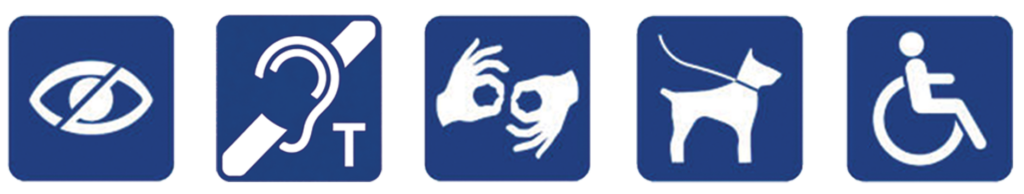 ikonki dostępności: Dostępne dla osób niewidomych / słabowidzących, Pętla indukcyjna, Tłumacz PJM, pies asystujący, dostępne dla osób na wózkach inwalidzkich.
