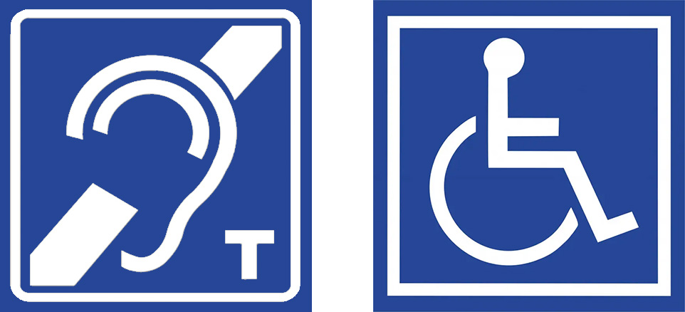 ikona symblizująca pętlę indukcyjną i dostowanie przestrzeni dla osób na wózkach inwalidzkich.