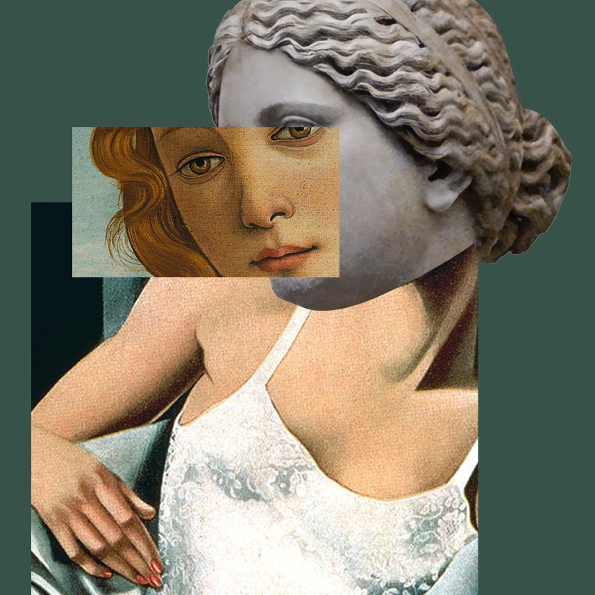 kolaż z wizrunku trzech kobiet (antyk, renesans, nowoczesność). Układają się w jedną osobę.