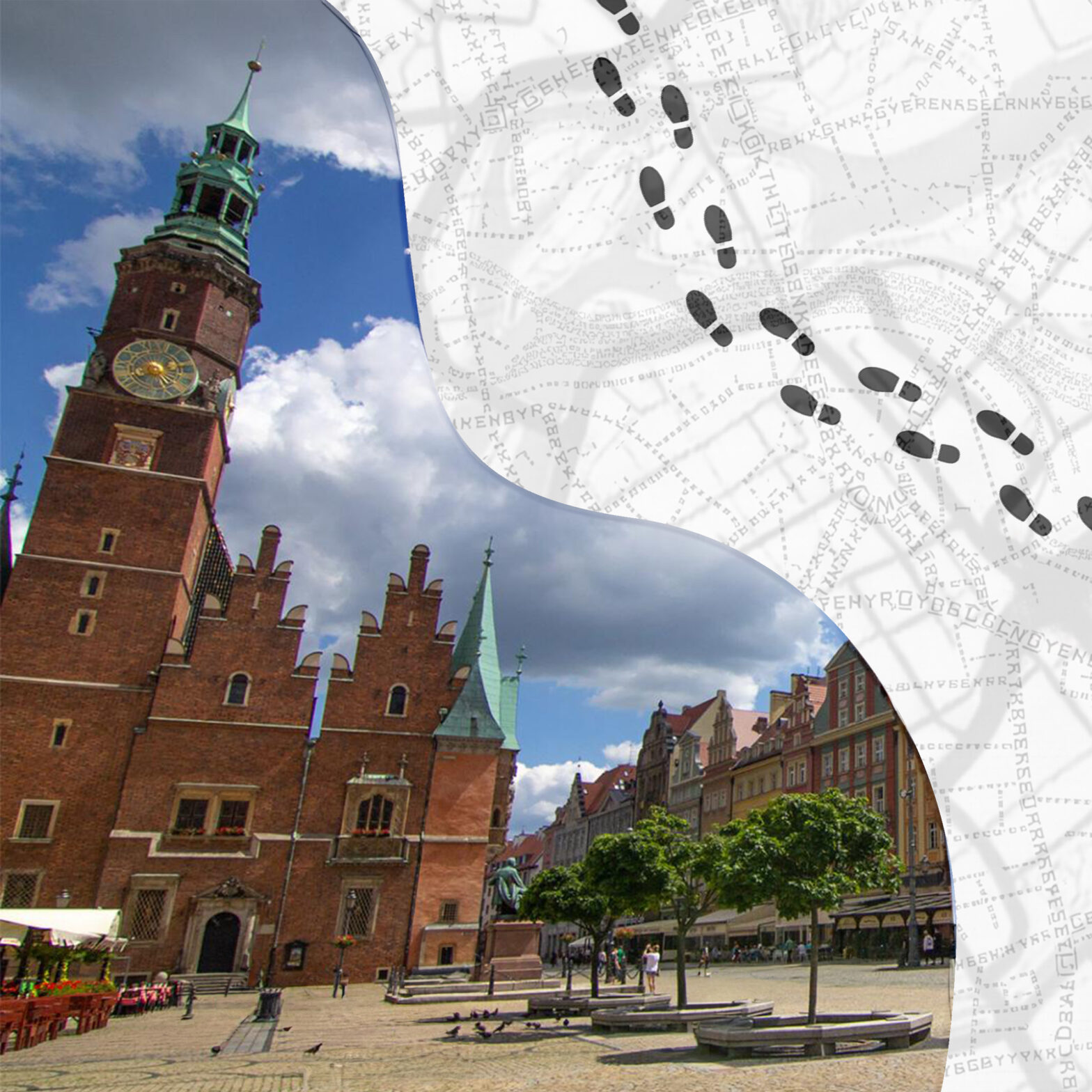 poł grafiki to widok na wrocławski ratusz, drugie pół to mapki na przeźroczystości, na nich ślady stóp symbolizujące spacer.