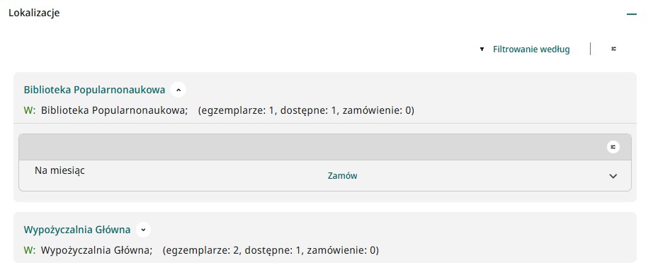 fragment katalogu Primo, widok lokalizacji książki, przycisk "zamów"