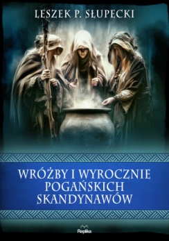 U góry na ciemnym tle trzy zakapturzone postacie pochylają się nad dymiącym kotłem. poniżej niebieski pasek z białymi napisami