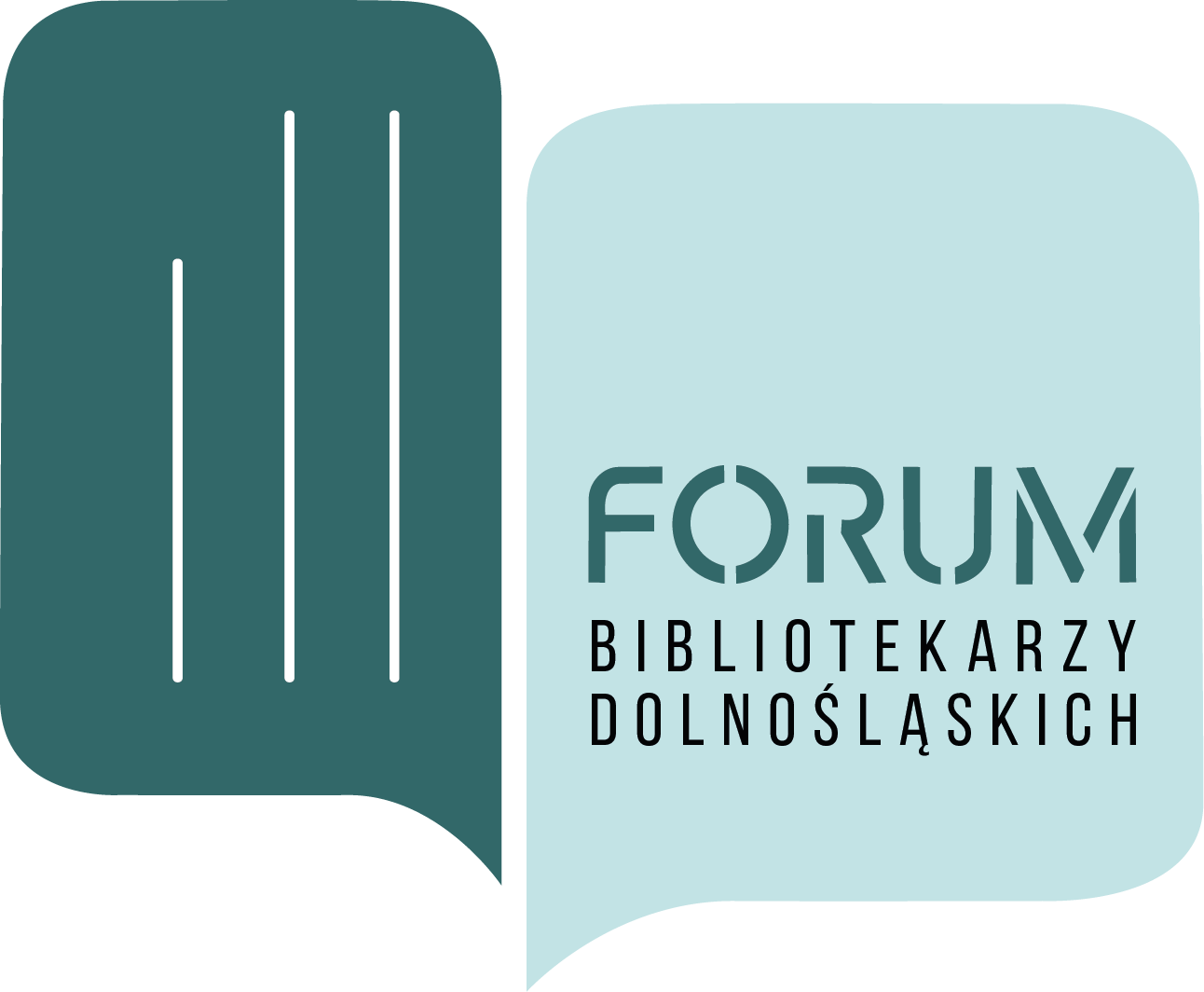 Logo Forum Bibliotekarzy Dolnośląskich – dwie nachodzące na siebie dymki w kolorach ciemnej zieleni i jasnego turkusu; w lewym znajdują się trzy pionowe linie przypominające grzbiety książek, a w prawym napis FORUM Bibliotekarzy Dolnośląskich