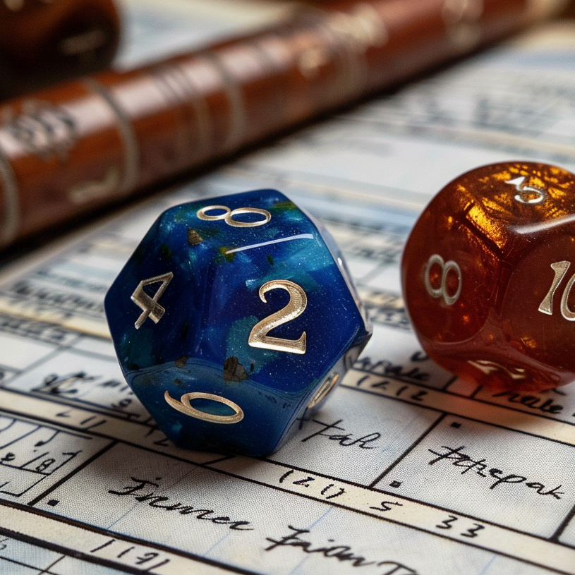 Zbliżenie na dwie wielościenne kości do gier fabularnych leżące na arkuszu charakteru. Niebieska kość z białymi cyframi pokazuje wynik 2, a bursztynowa kość z brokatowym efektem pokazuje wynik 10. W tle widać ołówek oraz fragmenty akcesoriów do gry.