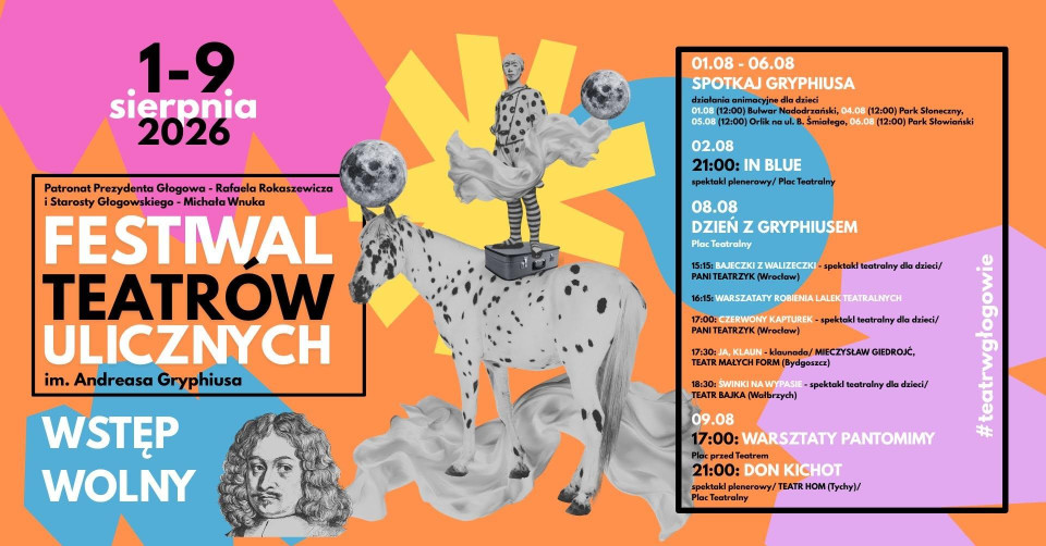 festiwal teatrów ulicznych, kolorowy, nowoczesny baner nawiązujący do Pipi Pończoszanki