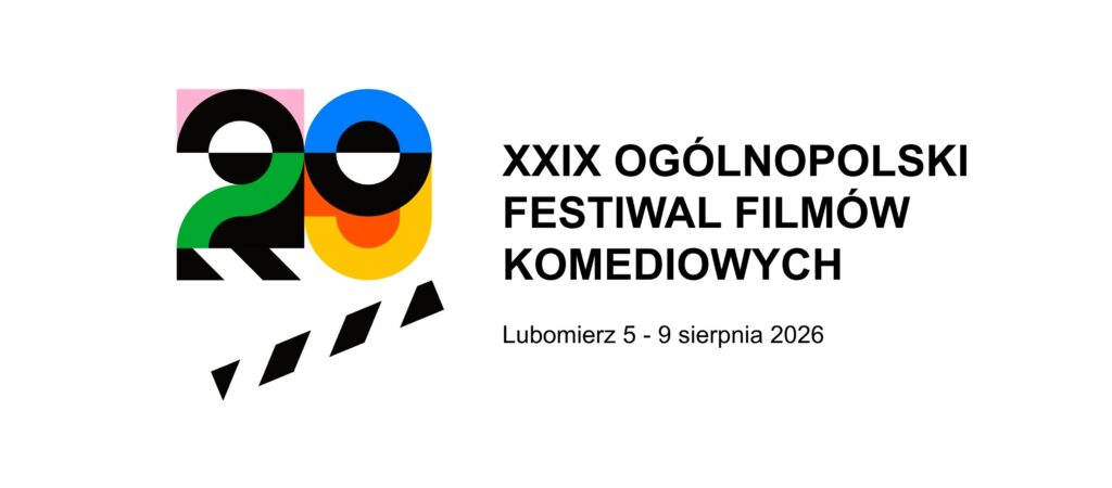Plakat XXIX Ogólnopolskiego Festiwalu Filmów Komediowych. Na białym tle znajduje się kolorowa liczba „29”, tytuł wydarzenia oraz informacja: Lubomierz, 5–9 sierpnia 2026. W dolnej części umieszczono stylizowany motyw klapsa filmowego.