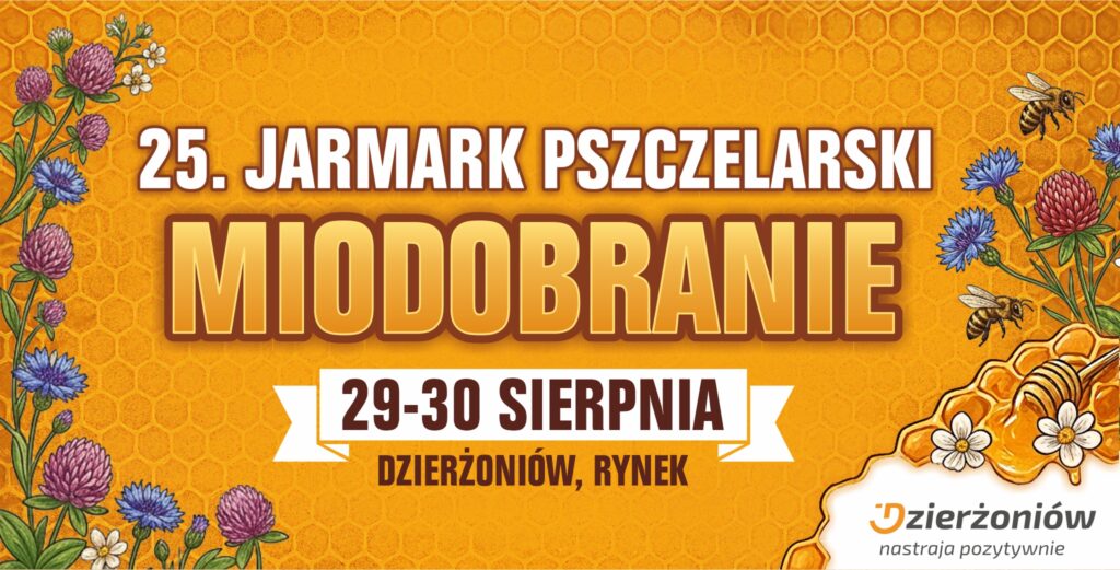 kwiatki po bokach, żółte tło, jarmark Miodobranie