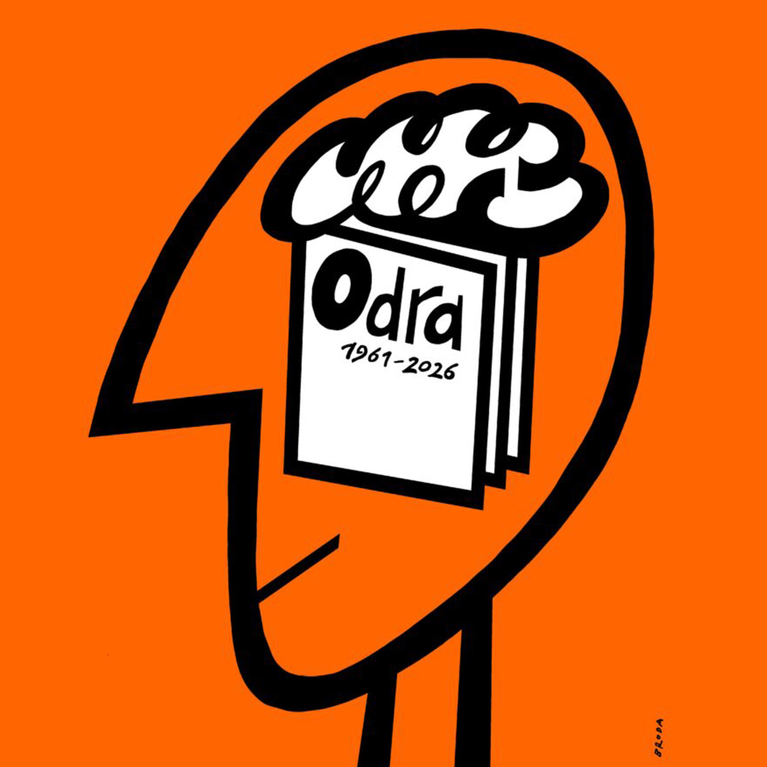 Ilustracja na intensywnie pomarańczowym tle przedstawiająca uproszczoną, czarną sylwetkę postaci trzymającej nagrobek. Na nagrobku widnieje biały panel z napisem „Odra 1961–2026”, a na jego górze narysowany jest stylizowany kształt przypominający mózg. Całość utrzymana jest w graficznym, kontrastowym stylu z wyraźnymi konturami i ograniczoną paletą kolorów.