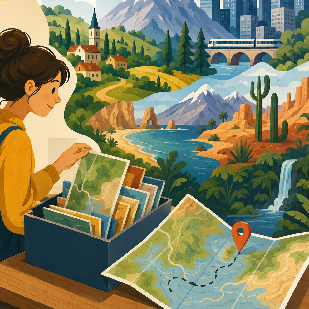 Ilustracja przedstawiająca osobę siedzącą przy biurku w bibliotece i przeglądającą papierowe mapy wyciągnięte z pudełka. Obok leży rozłożona mapa z zaznaczoną trasą i pinezką lokalizacji. Po prawej stronie widoczna jest stylizowana kompozycja różnych krajobrazów: góry z ośnieżonym szczytem, zielone wzgórza z małą miejscowością i kościołem, nowoczesne miasto z wieżowcami i mostem kolejowym, pustynia z kaktusami oraz wybrzeże z klifami i wodospadem wpadającym do rzeki. Nad krajobrazem unosi się balon na gorące powietrze, a w powietrzu widać ptaki. Całość ma ciepłą, ilustracyjną stylistykę sugerującą planowanie podróży i odkrywanie różnych miejsc. Przekaż swoją opinię na temat programu BizChat