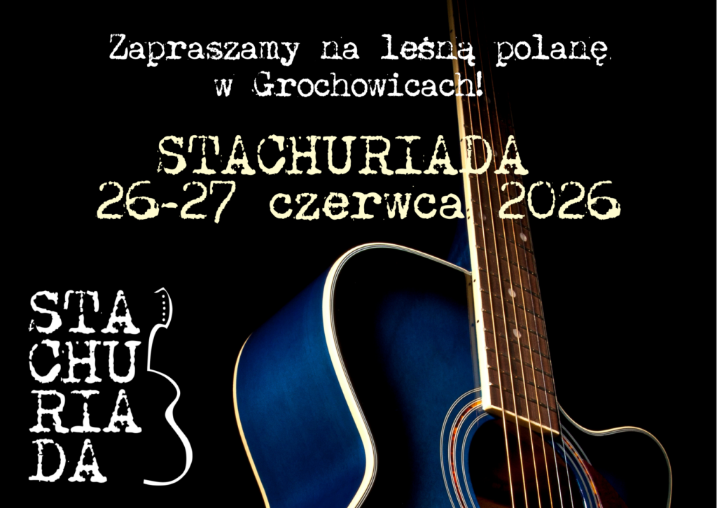 czarne tło, fragment niebiueskiej gitary, napisy o stachuriadzie. 