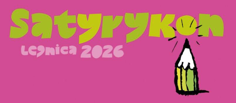 różowe tło, żółty ołówek, napis satyrykon