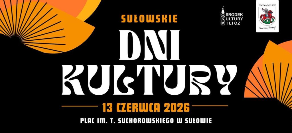sułeckie dni kultury, czarne tło, biały napis, pomarańczowe elementy abstrakcujne