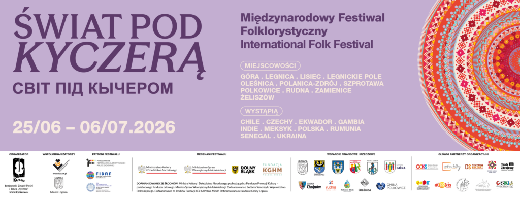 fioletowe tło, kolorowa mandala, świat pod kyczerą, logotypy