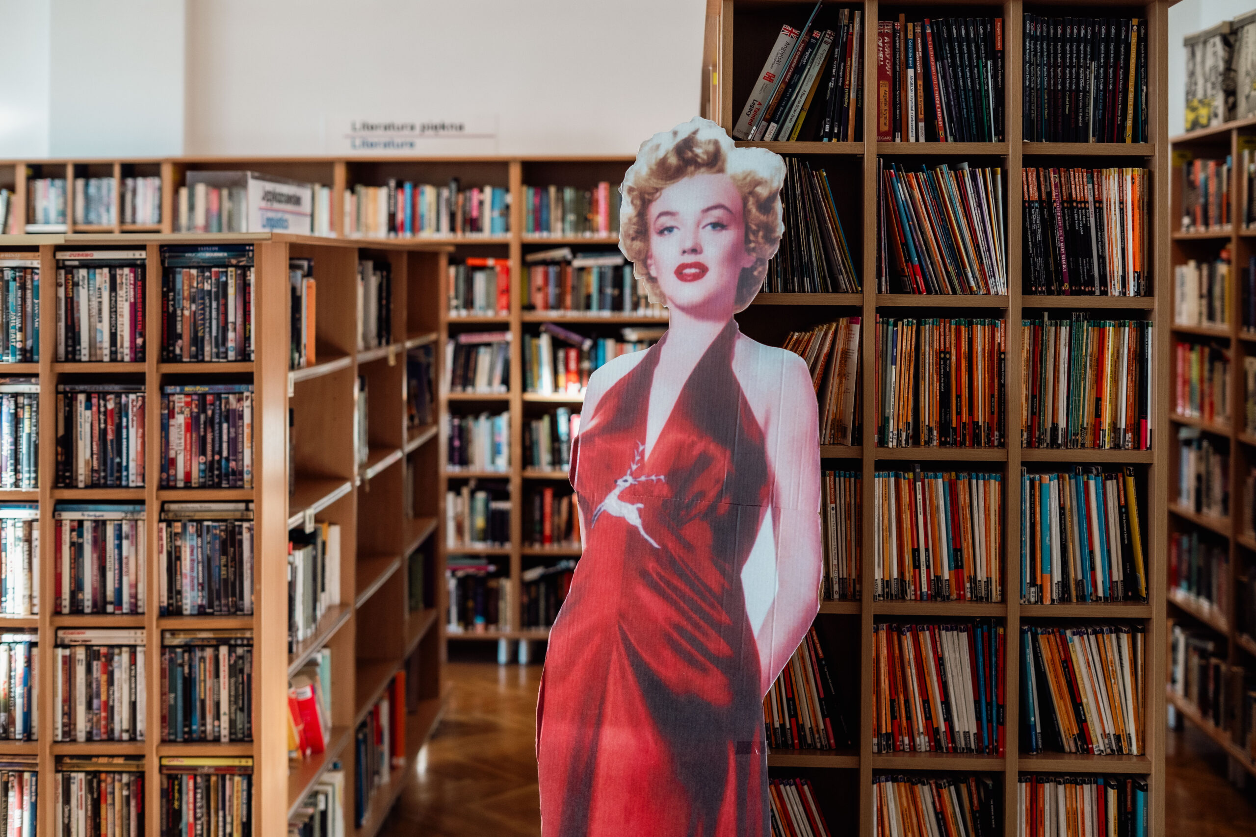 papierowa Marlin Monroe na tle regałów z książkami