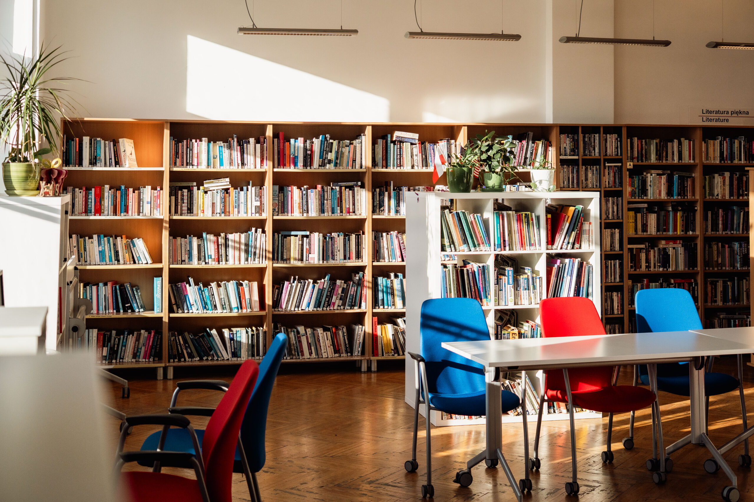 Wnętrze American corner, kolorwe krzesła, regały z książkami, z lewej strony wpada ostre światło słoneczne