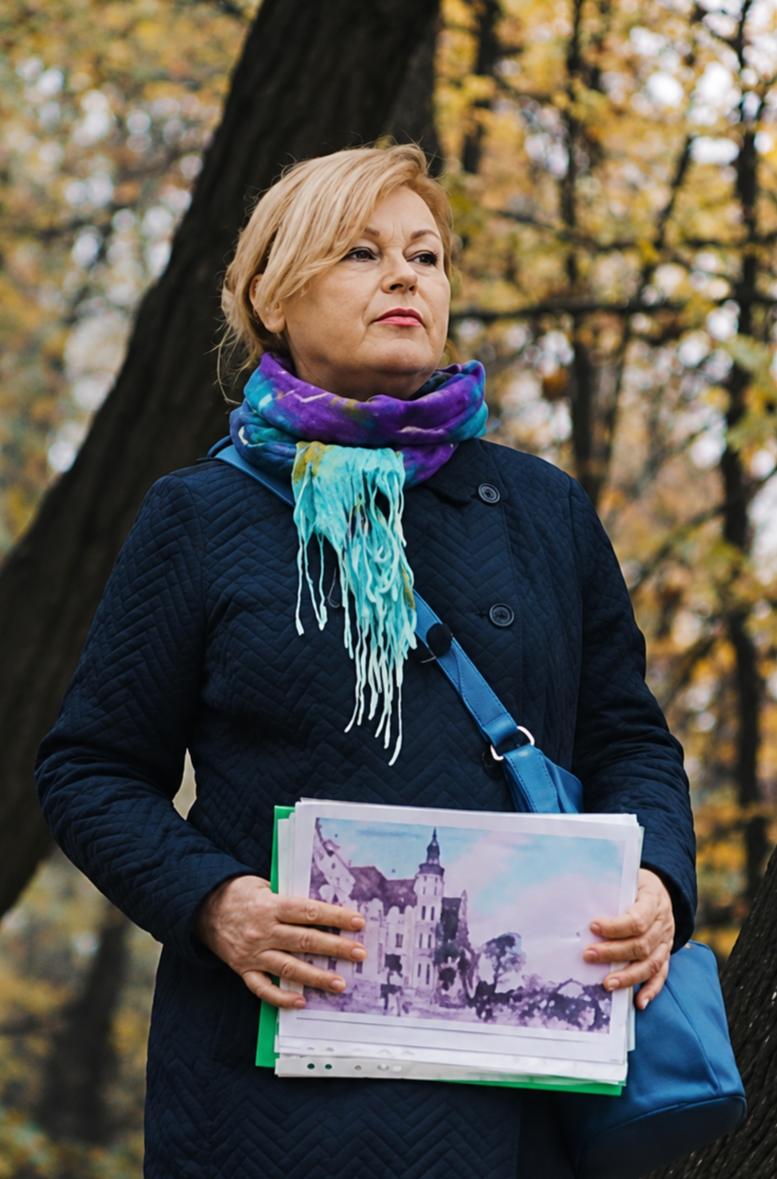 Krystyna Lasota na tle drzew jesienią. W ręce trzyma zdjęcie przedstawiające budynek.