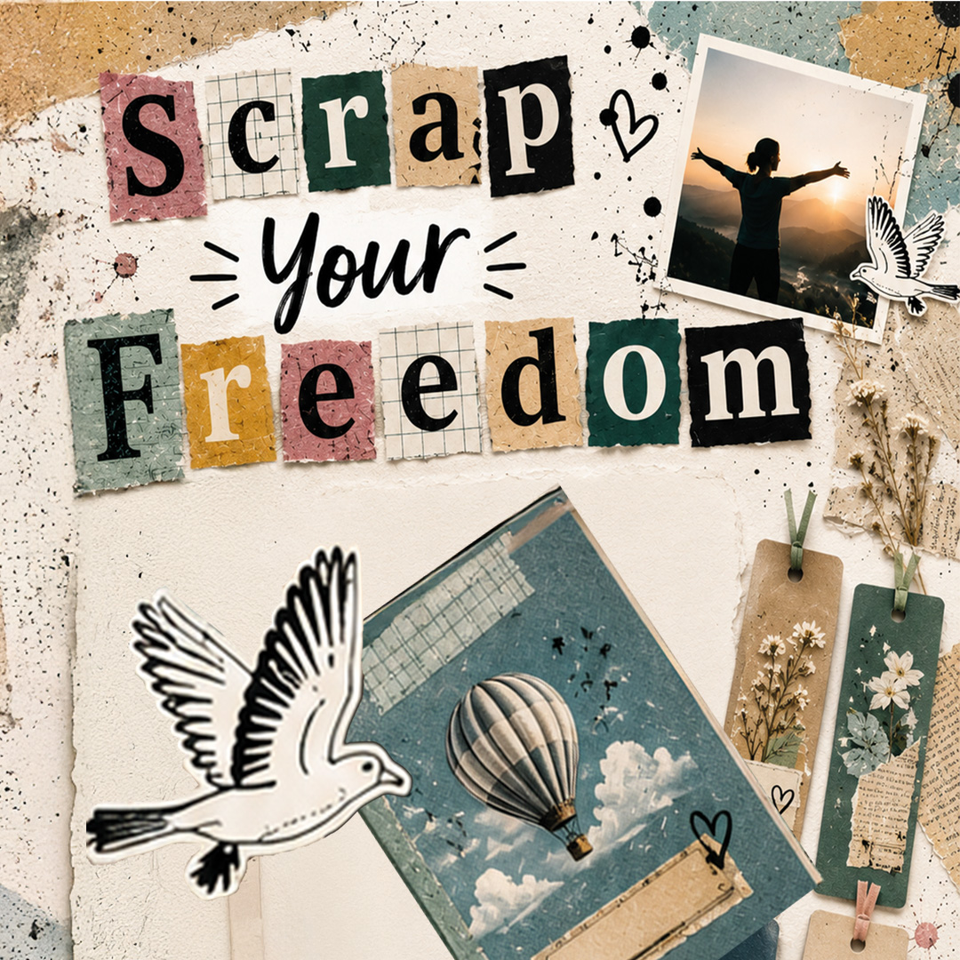 Kolaż w stylu scrapbookowym z hasłem „Scrap your Freedom” ułożonym z kolorowych wycinków papieru. Na jasnym, teksturowanym tle widoczne są ilustracje i zdjęcia: sylwetka osoby stojącej z rozłożonymi ramionami na tle krajobrazu, rysunek ptaka w locie, fotografia balonu na ogrzane powietrze, suszone rośliny oraz papierowe metki i notatki. Całość utrzymana w stonowanej kolorystyce beżu, zieleni i błękitu, z dekoracyjnymi plamami farby i odręcznymi detalami.