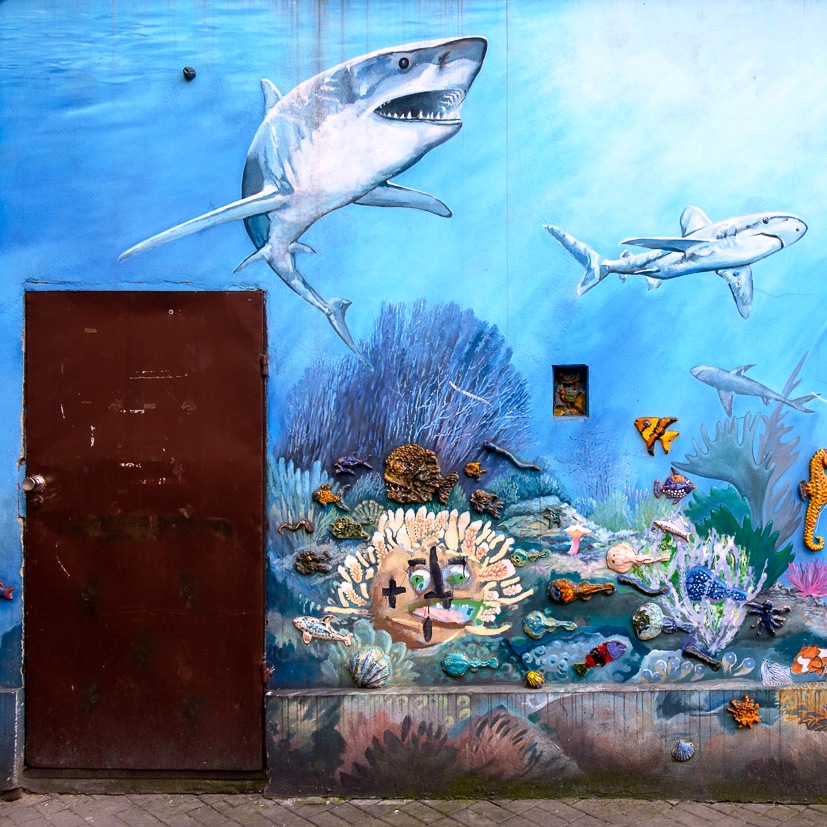 mural na ścianie: morski świat, roślinność, koniki, rybki i dwa duże rekiny