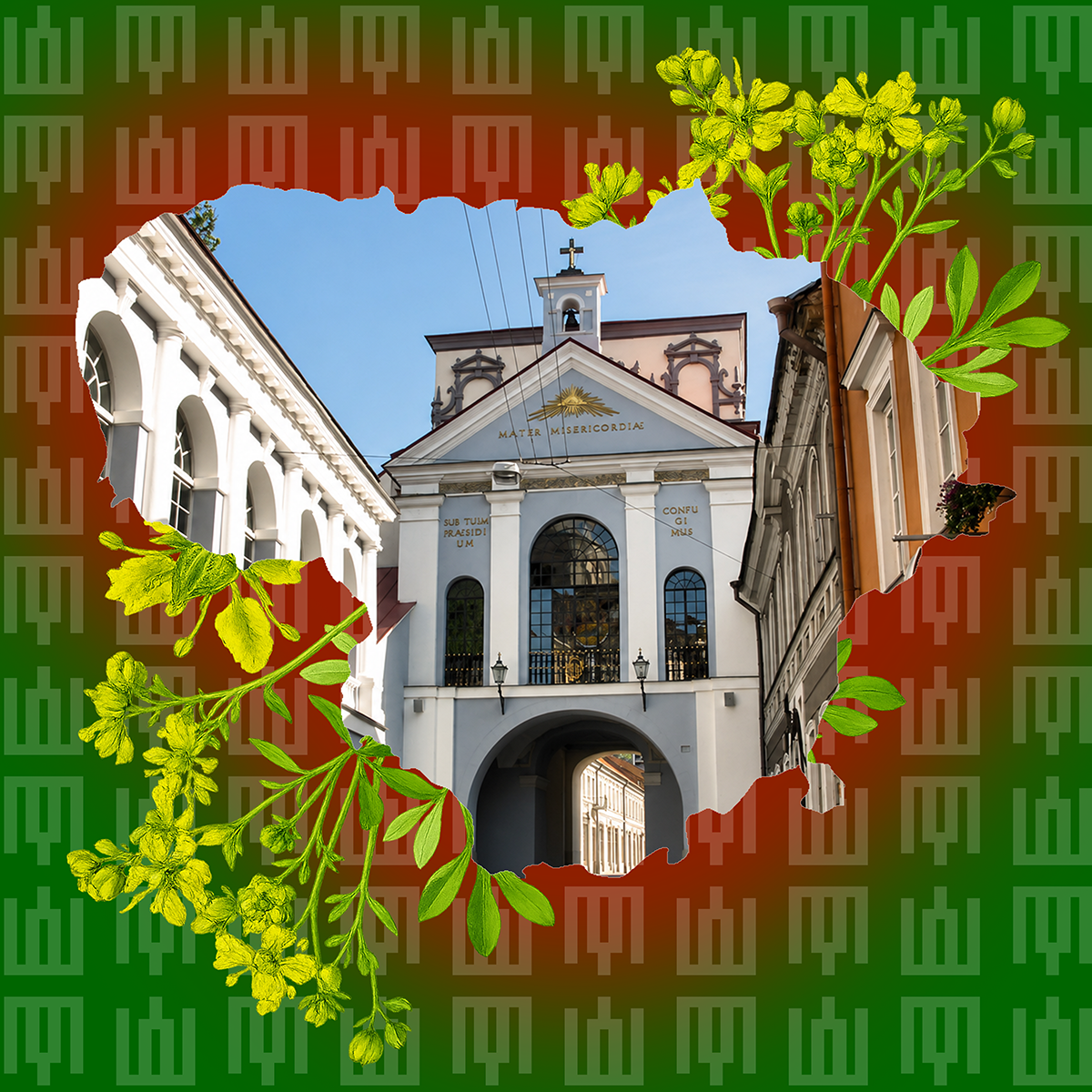 Grafika przedstawiająca wileńską Ostrą Bramę umieszczoną w konturze Litwy na ozdobnym tle z motywami kwiatowymi i ludowym ornamentem.