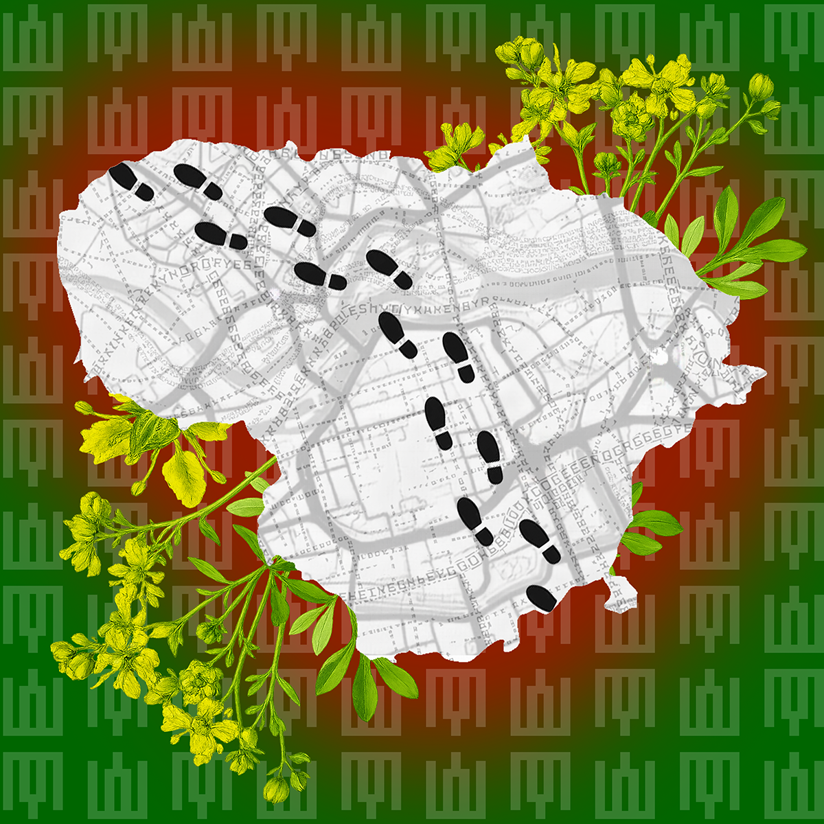 mapa i stopki po niej chodzą czarne, dookoła zielone tło i żółte kwiatki