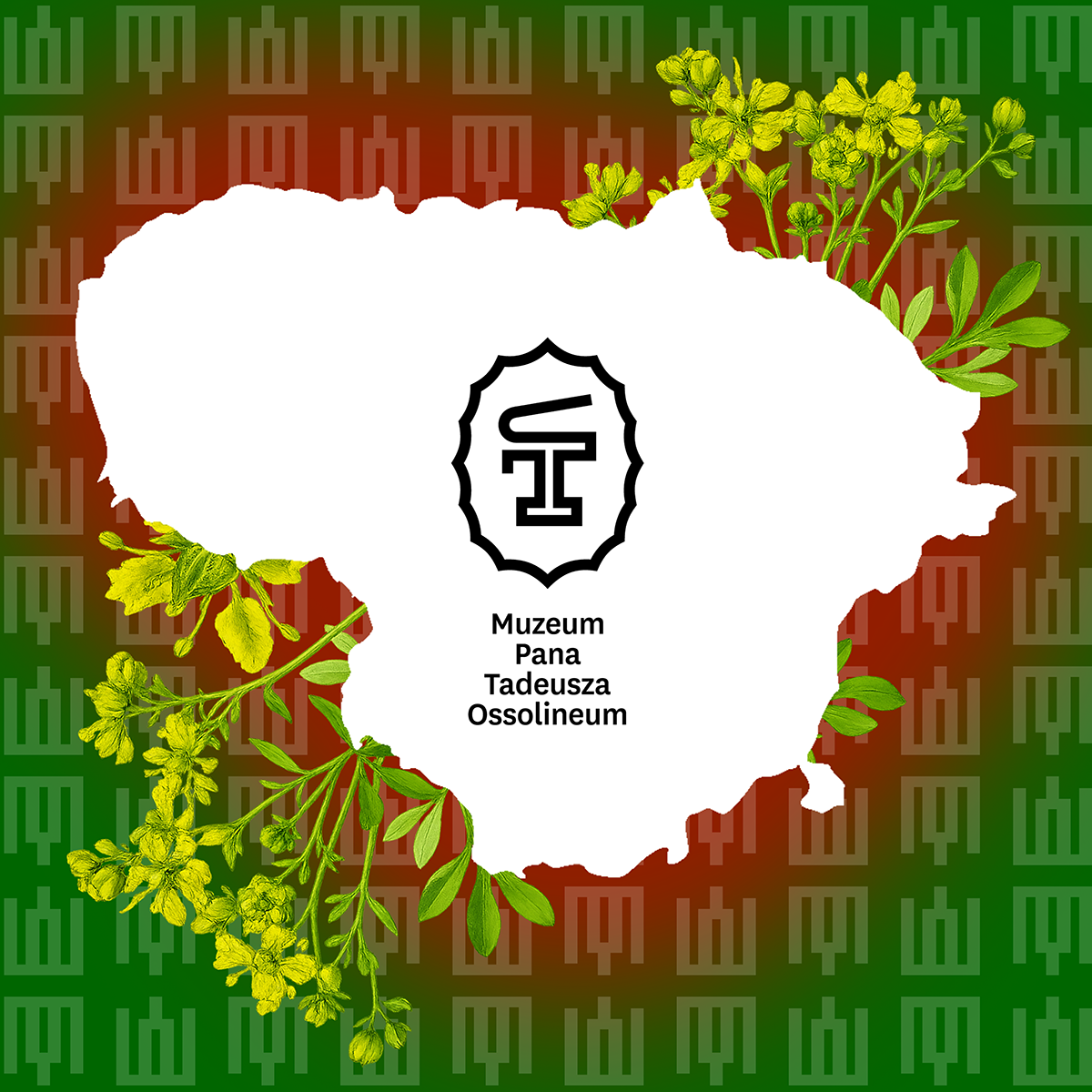 logo Muzeum Pana Tadeusza na zielony tle, dookoła żółte kwiatki, logo widnieje na tle białego konturu Litwy