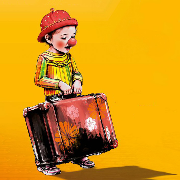 Ilustracja przedstawia małego klauna w czerwonym kapeluszu i z czerwonym nosem, ubranego w kolorowy pasiasty strój. Dziecko stoi bokiem i trzyma dużą, starą walizkę ozdobioną kwiatowymi wzorami. Postać ma smutny, zamyślony wyraz twarzy. Całość utrzymana jest w stylu rysunkowym na jednolitym, intensywnie żółtym tle.
