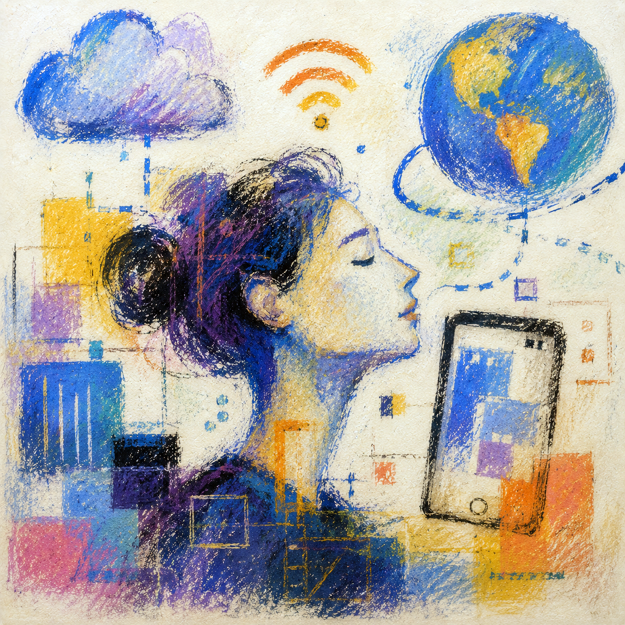 Artystyczna ilustracja w pastelowym stylu przedstawiająca osobę w profilu, otoczoną symbolami technologii i komunikacji cyfrowej. Nad głową widoczne są ikony chmury obliczeniowej, sieci bezprzewodowej oraz globu ziemskiego połączone liniami symbolizującymi przepływ danych. Po prawej stronie znajduje się smartfon z kolorowym interfejsem. Tło wypełniają geometryczne kształty, linie i elementy przypominające diagramy danych. Dominują odcienie niebieskiego, fioletowego, pomarańczowego i żółtego, podkreślające temat łączności, nowoczesnych technologii i cyfrowej transformacji.