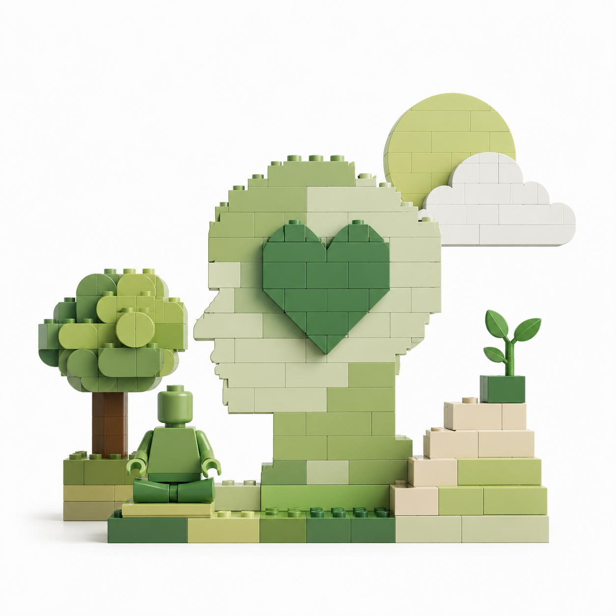 zbudowana z lego zielona głowa, w środku serce, obok ktoś medytuje, drzewo, słońce