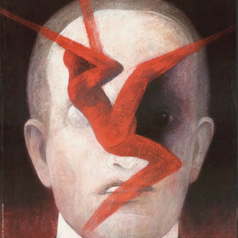 Plakat przedstawia bladą, nieruchomą twarz mężczyzny na ciemnym tle. Przez środek twarzy przebiega dynamiczna czerwona sylwetka akrobaty lub tancerza, tworząc mocny kontrast i surrealistyczną kompozycję.